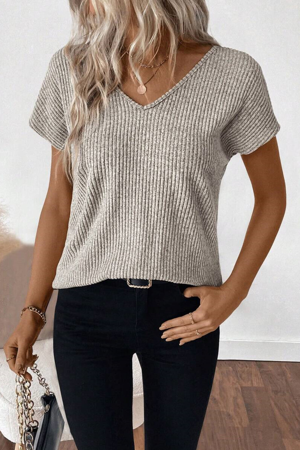 Gray Morn Ribbed Short Sleeve V Neck Colorblock Bow Back Top elegantbunny