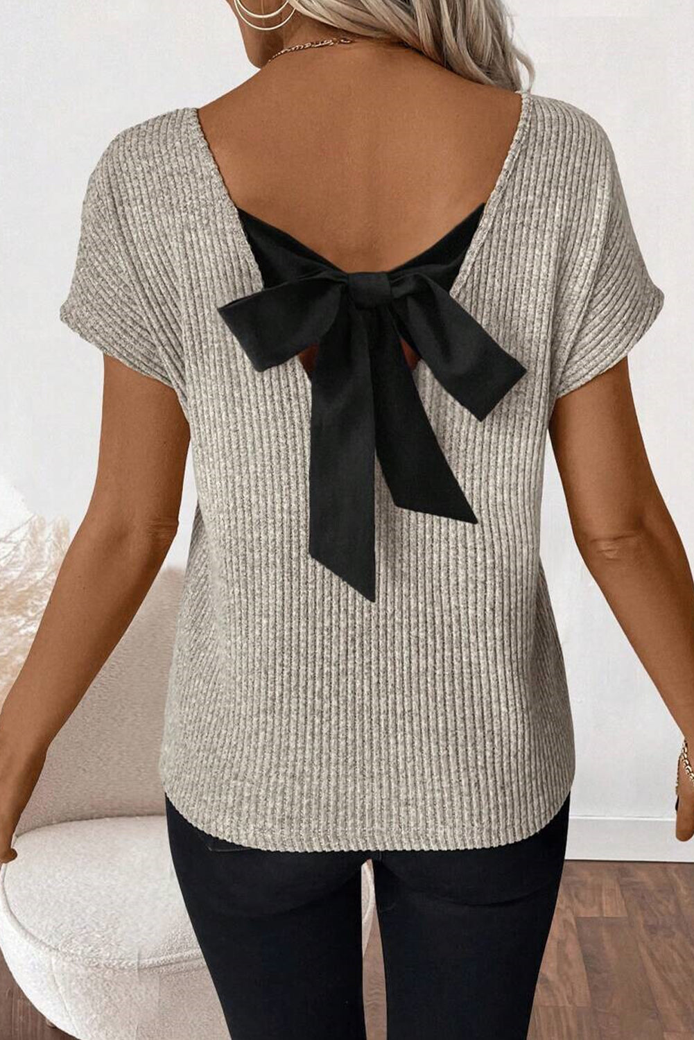 Gray Morn Ribbed Short Sleeve V Neck Colorblock Bow Back Top elegantbunny