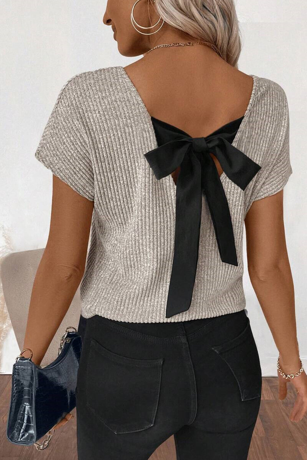 Gray Morn Ribbed Short Sleeve V Neck Colorblock Bow Back Top elegantbunny