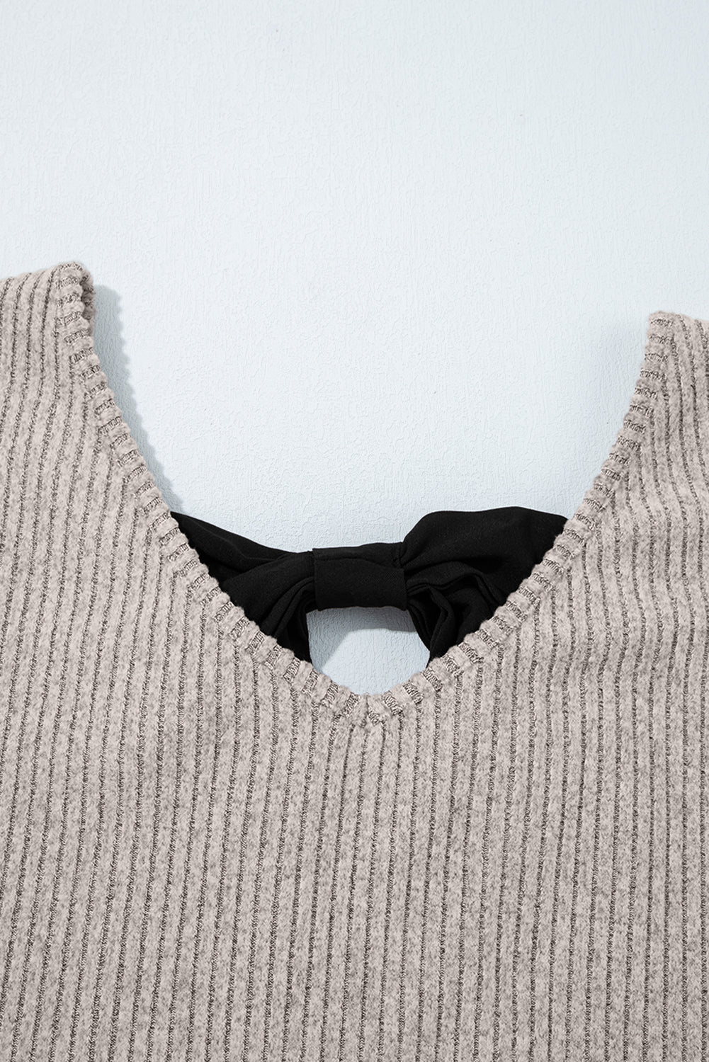 Gray Morn Ribbed Short Sleeve V Neck Colorblock Bow Back Top elegantbunny