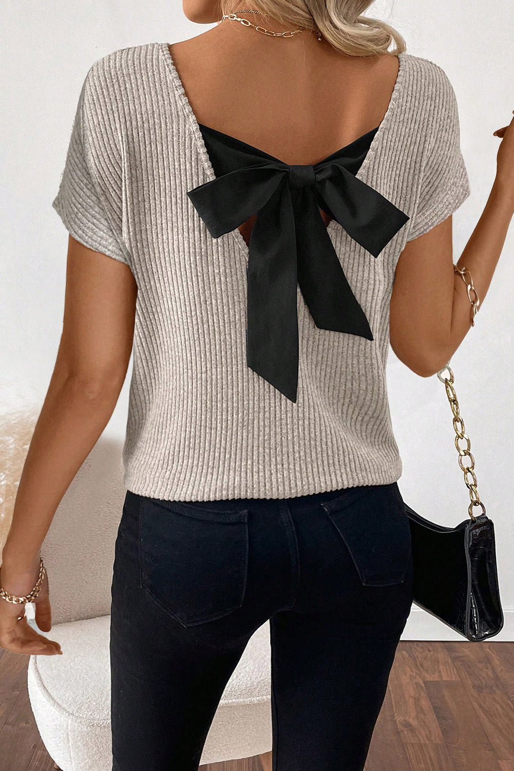 Gray Morn Ribbed Short Sleeve V Neck Colorblock Bow Back Top elegantbunny