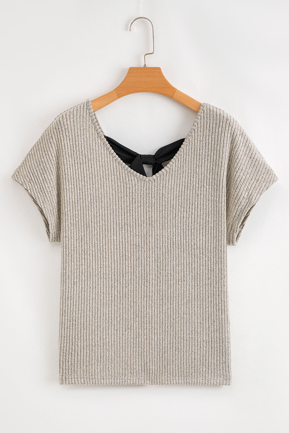 Gray Morn Ribbed Short Sleeve V Neck Colorblock Bow Back Top elegantbunny