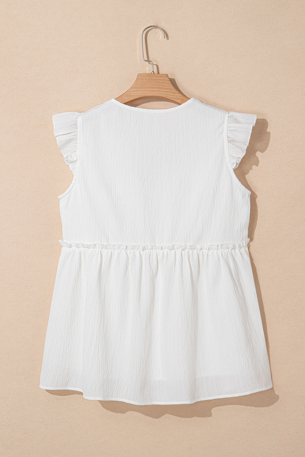 Light Pink Textured Ruffled Trim V Neck Flutter Flowy Top elegantbunny