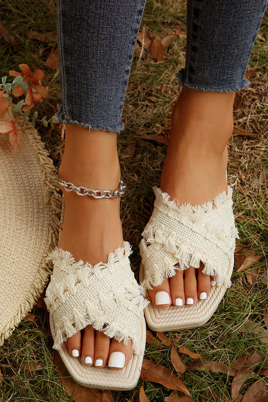 Beige Woven Crossed Straps Flats elegantbunny