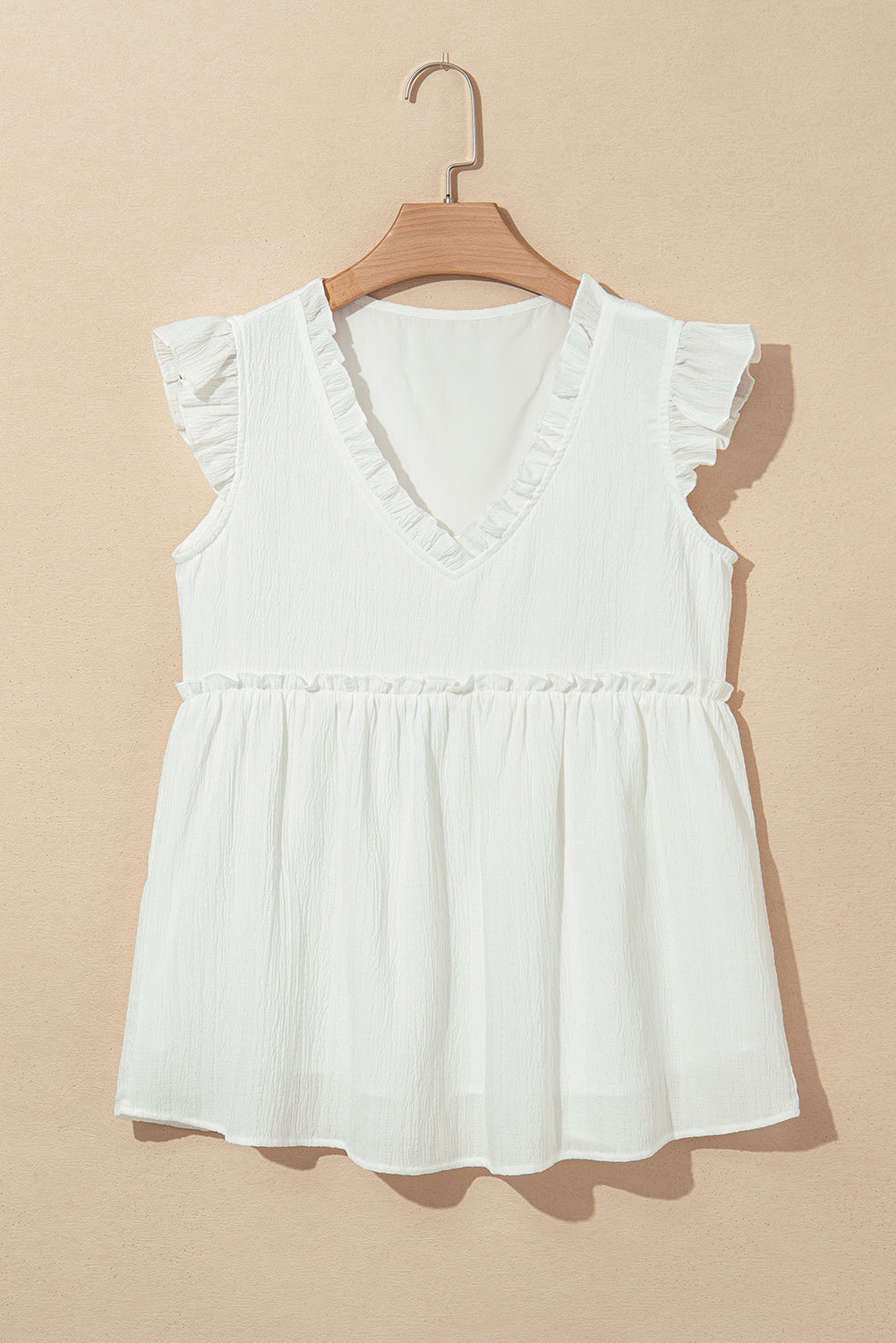 Light Pink Textured Ruffled Trim V Neck Flutter Flowy Top elegantbunny