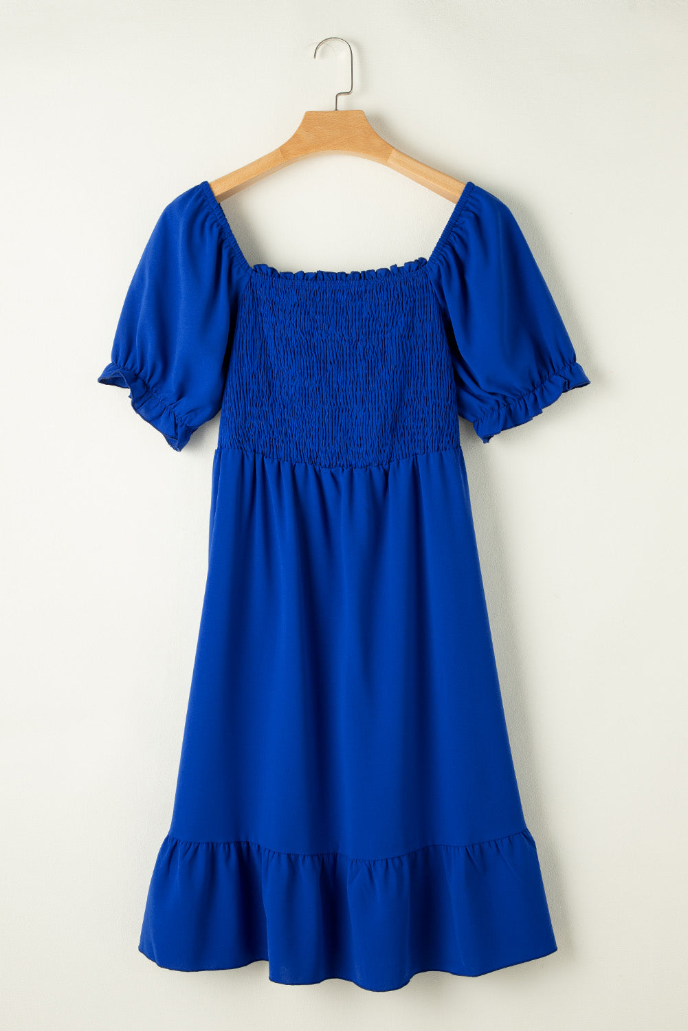 Dark Blue Shirred Ruffled Square Neck Plus Size Mini Dress elegantbunny