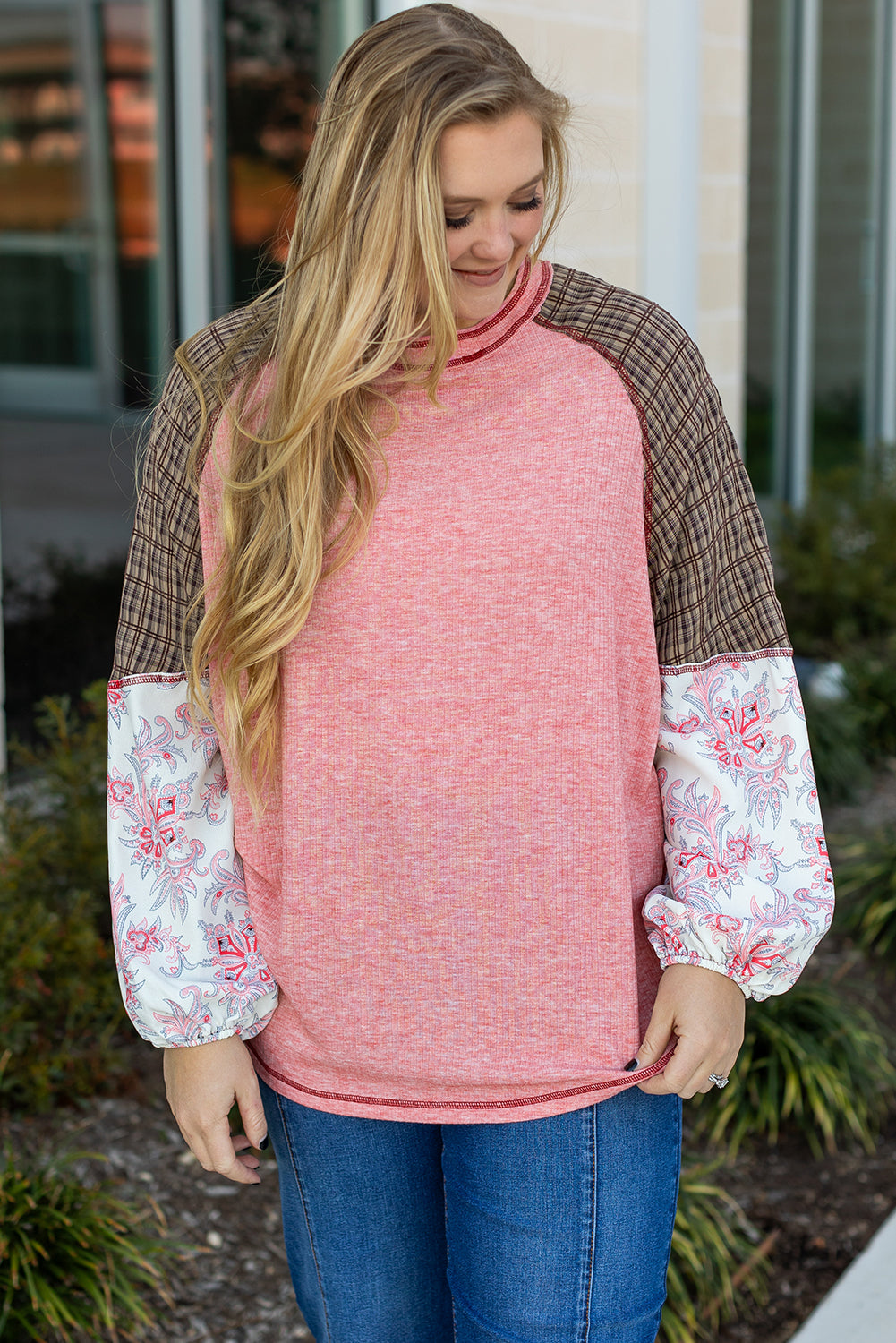 Pink Checkered Paisley Patchwork Raglan Sleeve Seamed Plus Size Top elegantbunny