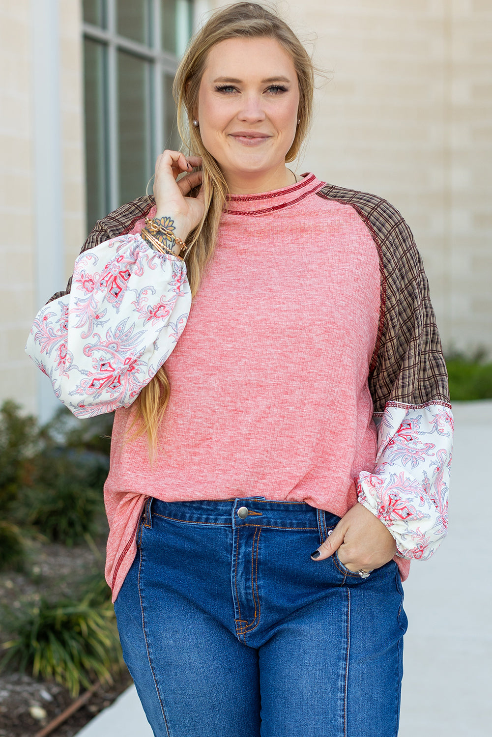 Pink Checkered Paisley Patchwork Raglan Sleeve Seamed Plus Size Top elegantbunny