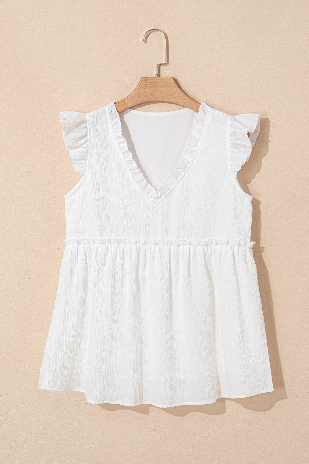 Light Pink Textured Ruffled Trim V Neck Flutter Flowy Top elegantbunny