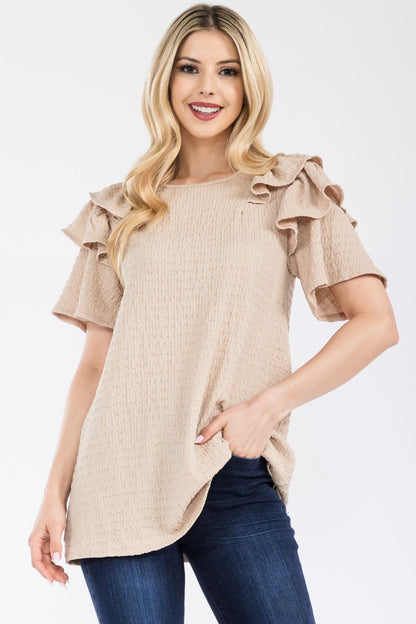 Celeste Full Size Ruffle Layered Short Sleeve Texture Top elegantbunny