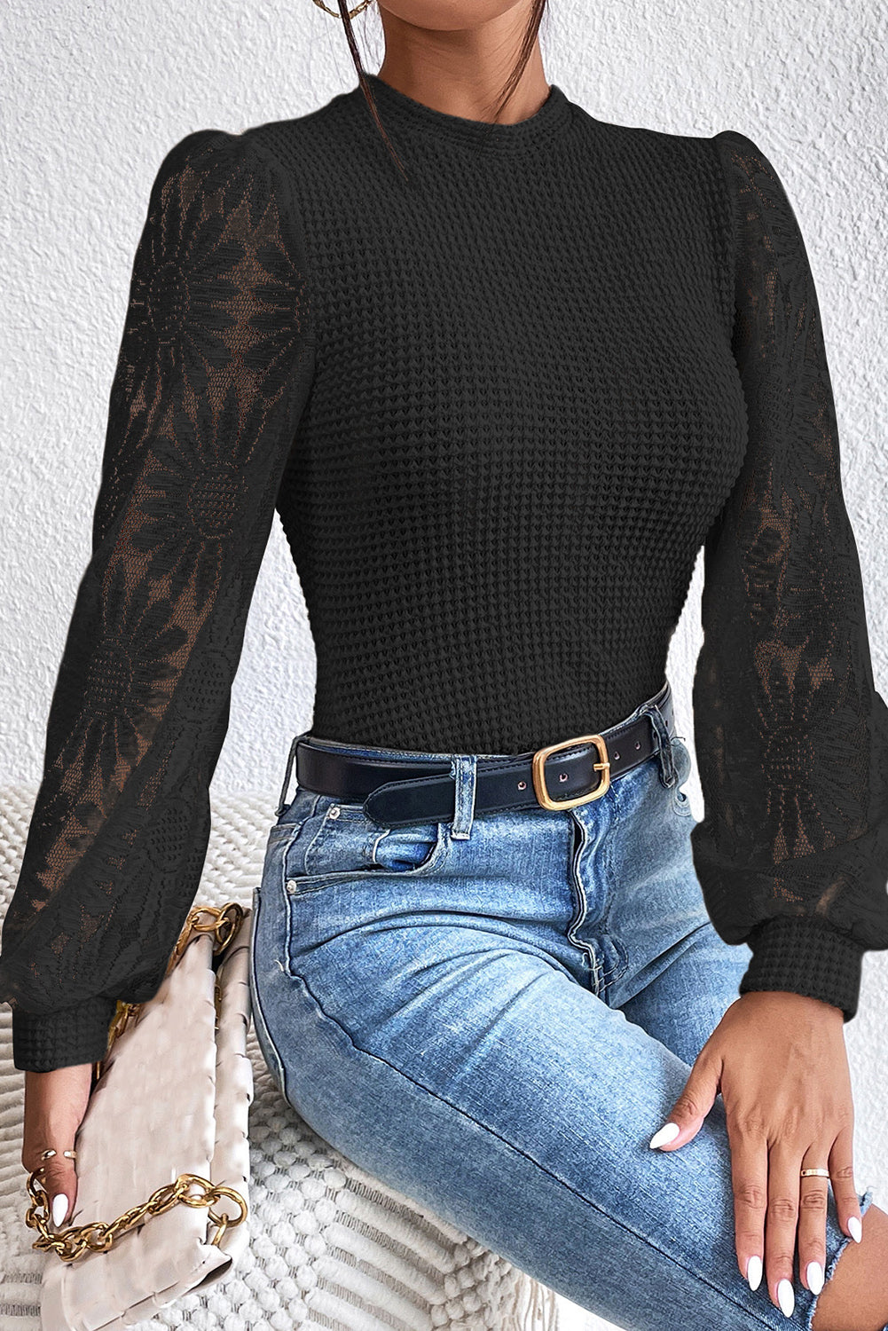 Sunflower Mesh Bubble Sleeve Waffle Knit Top elegantbunny