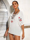Embroidered Round Neck Flounce Sleeve Blouse 