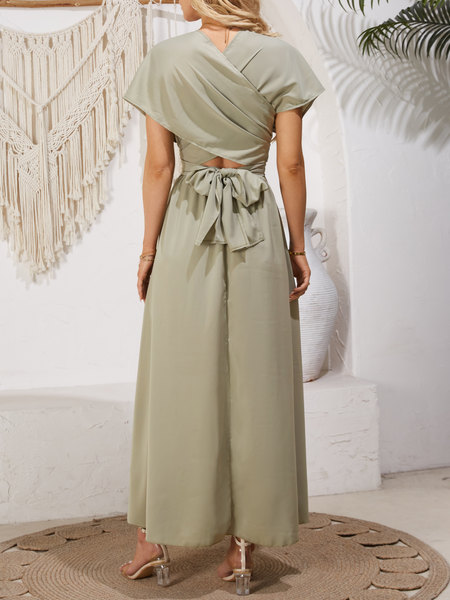 Women's V-neck Belted Back Cross Cut-out Long Dress Multi-Wear Dress H8HDRLMXD7 elegantbunny