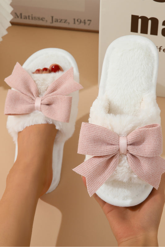 White Bow Knot Decor Open Toe Plush Slippers elegantbunny