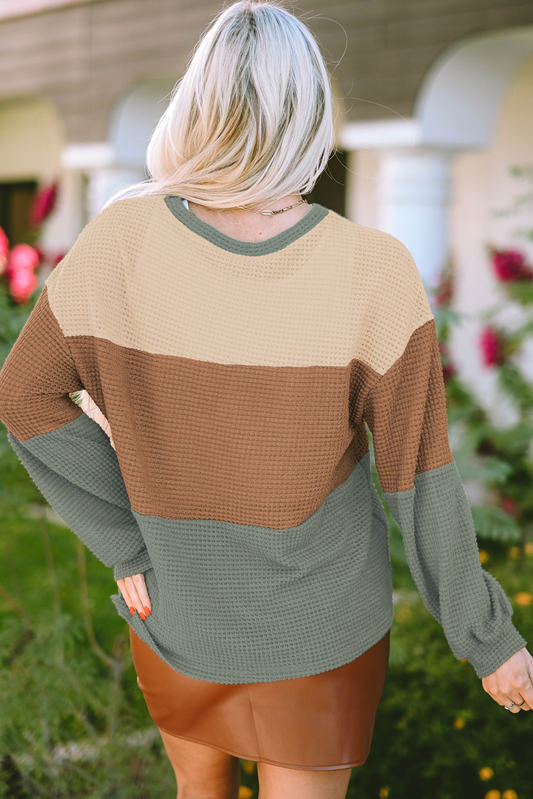Textured Color Block Bubble Sleeve Top elegantbunny