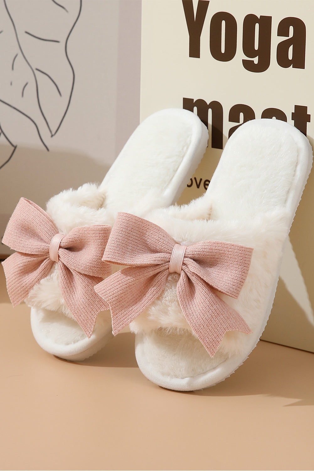 White Bow Knot Decor Open Toe Plush Slippers elegantbunny