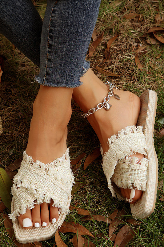 Beige Woven Crossed Straps Flats elegantbunny