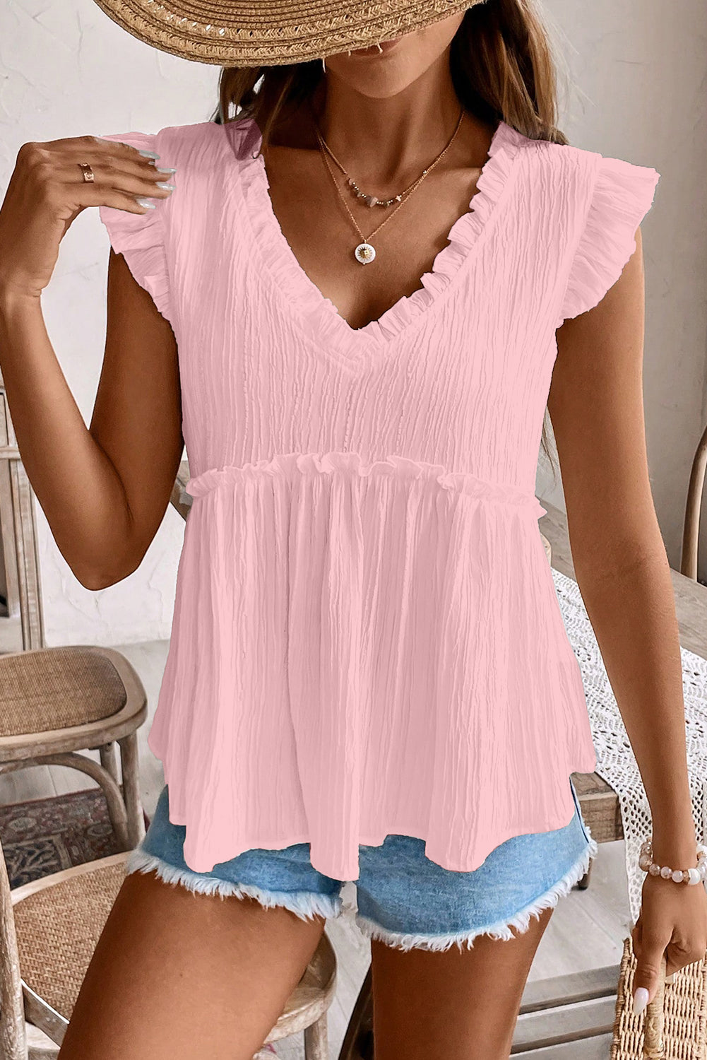 Light Pink Textured Ruffled Trim V Neck Flutter Flowy Top elegantbunny