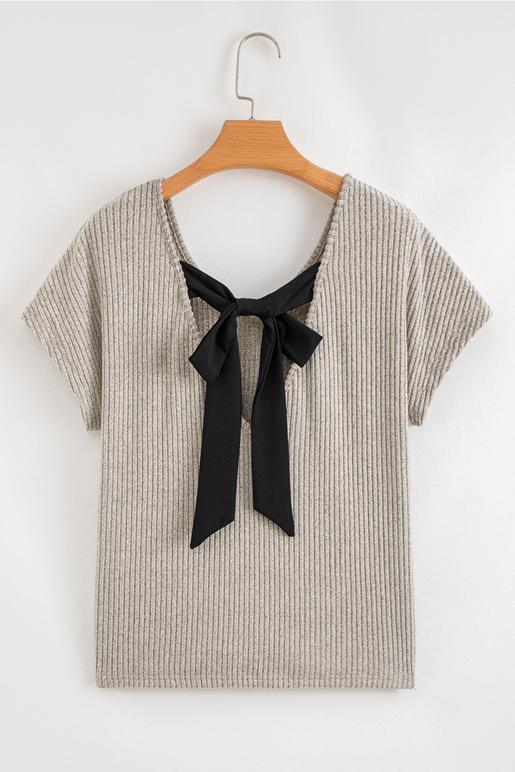 Gray Morn Ribbed Short Sleeve V Neck Colorblock Bow Back Top elegantbunny
