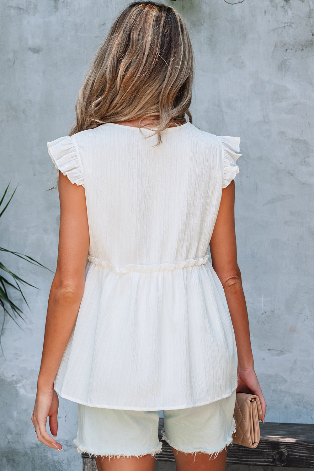 Light Pink Textured Ruffled Trim V Neck Flutter Flowy Top elegantbunny