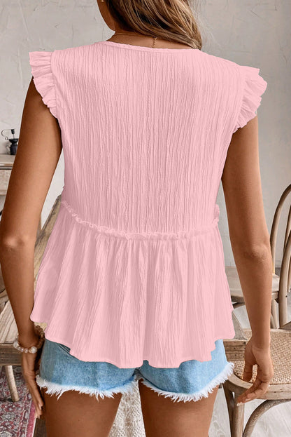 Light Pink Textured Ruffled Trim V Neck Flutter Flowy Top elegantbunny