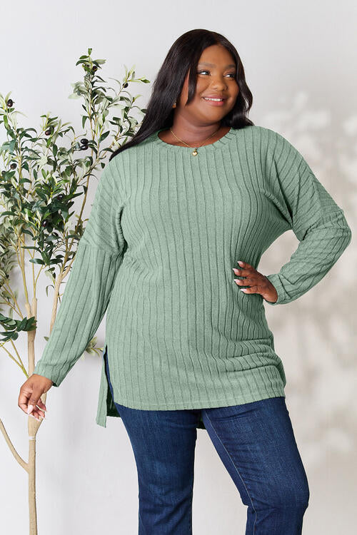 Richly Ribbed Round Neck Long Sleeve Top