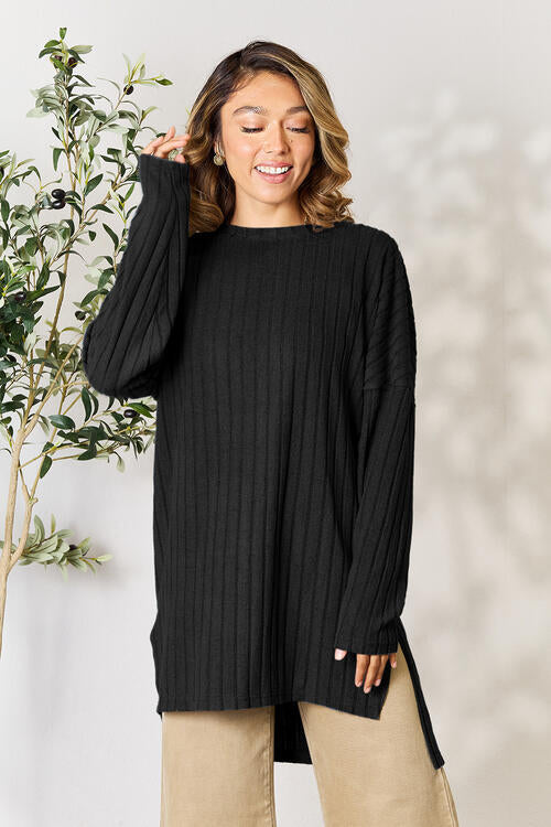 Richly Ribbed Round Neck Long Sleeve Top