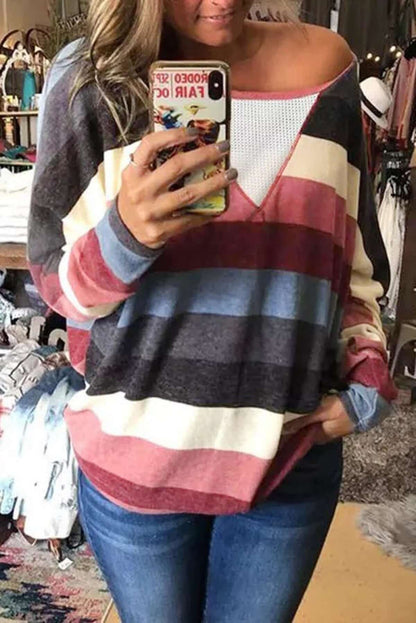 Multicolor Striped Mesh Splicing Round Neck Long Sleeve Top Kiwidrop