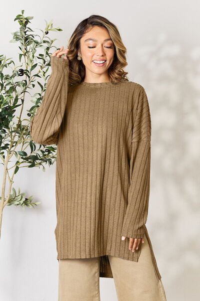 Richly Ribbed Round Neck Long Sleeve Top