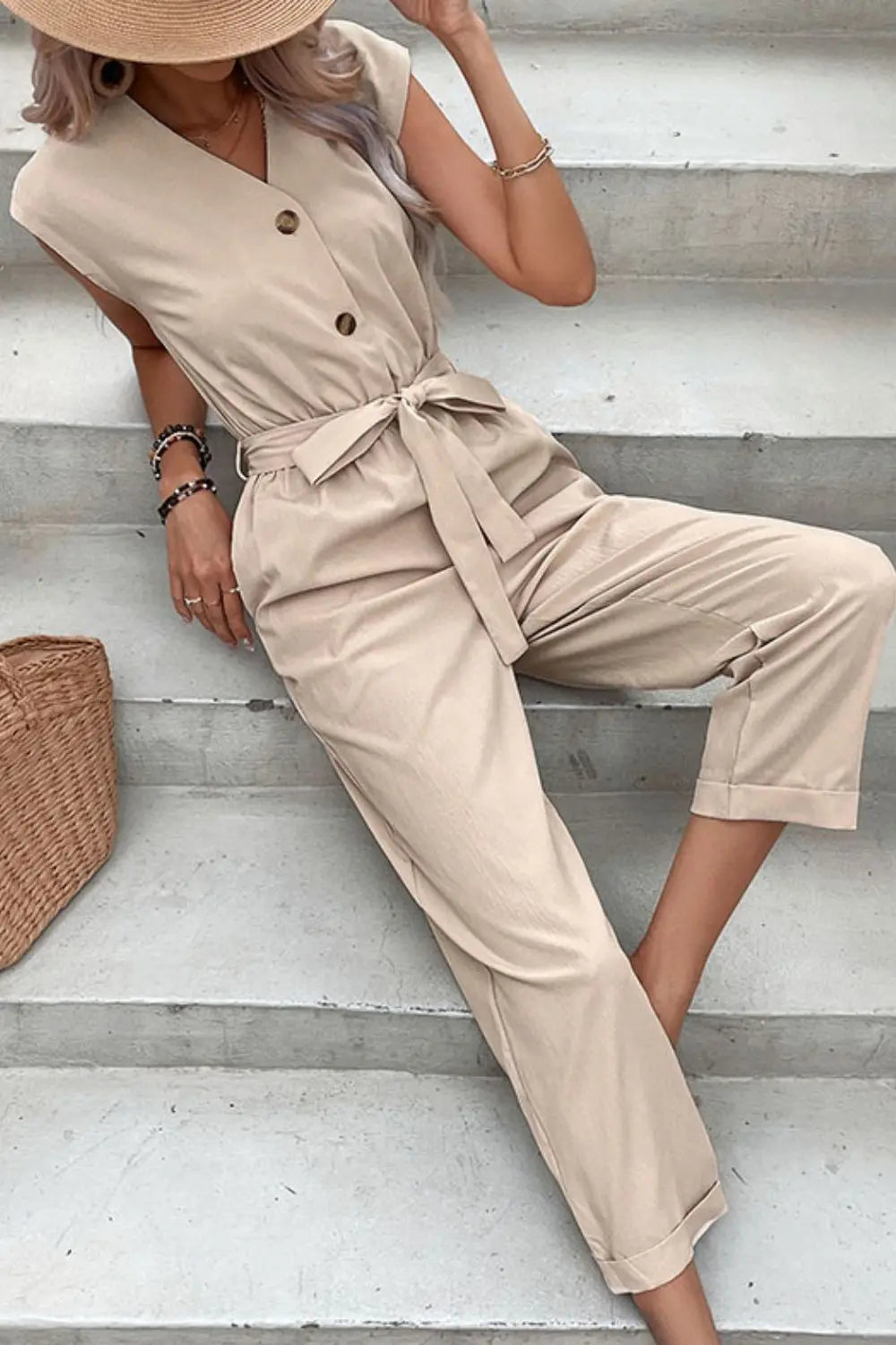 Capped Sleeve V-Neck Belted Chic Jumpsuit