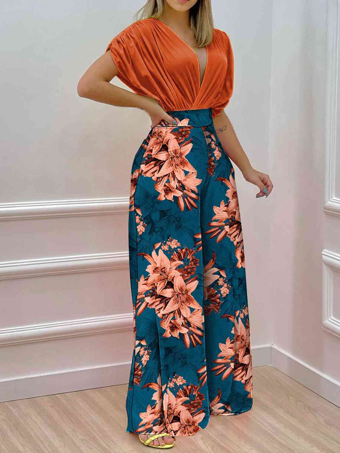 Sweetheart Surplice Top and Wide Leg Pants Set