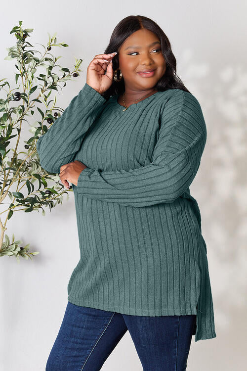 Richly Ribbed Round Neck Long Sleeve Top
