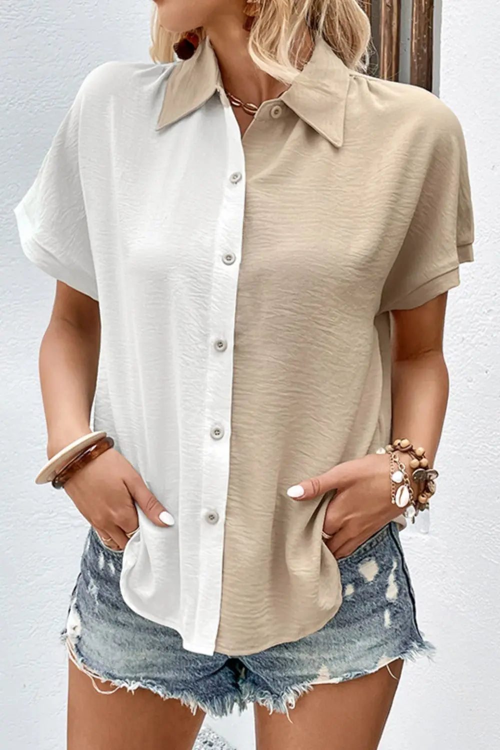 Two-Tone Contrast Short Sleeve Shirt Trendsi