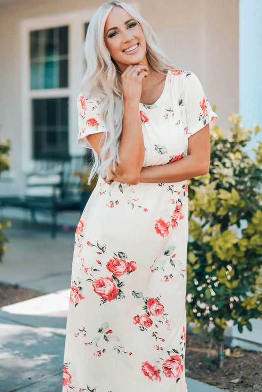 Floral Cuffed Sleeve Side Slit Midi Dress Trendsi
