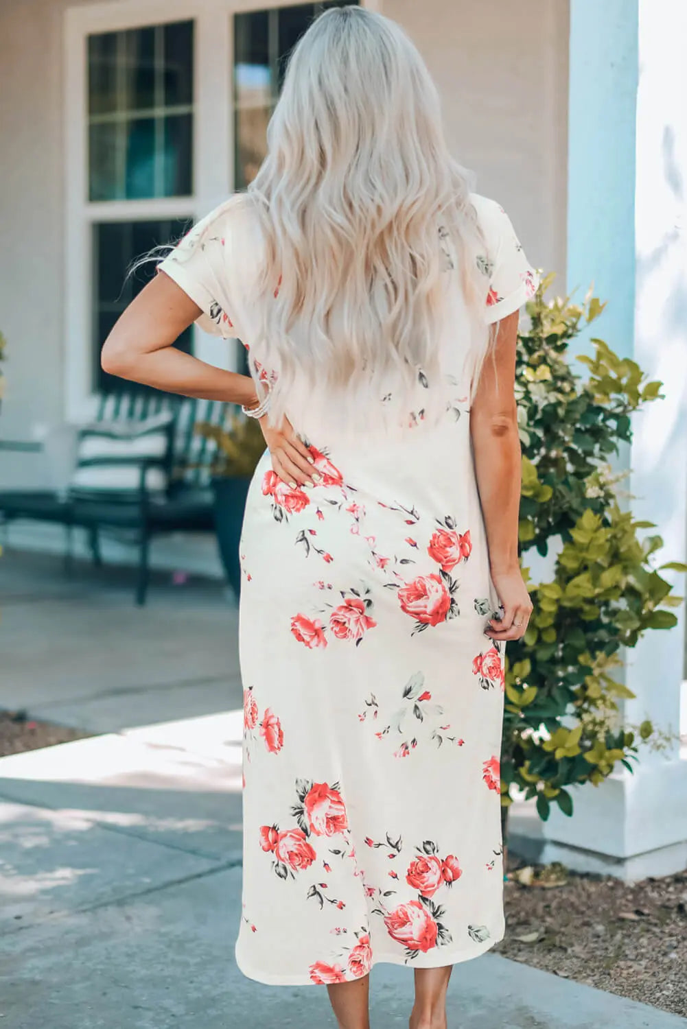 Floral Cuffed Sleeve Side Slit Midi Dress Trendsi