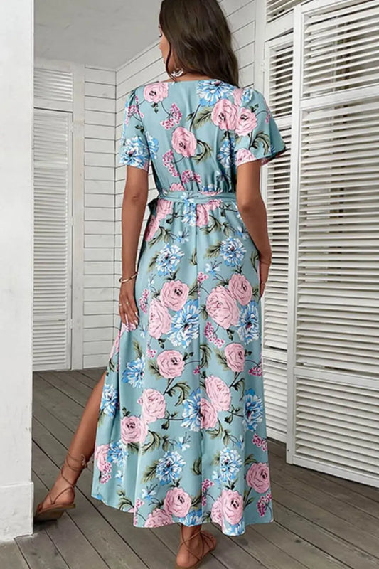 Floral Tie-Waist Slit Surplice Maxi Dress Trendsi