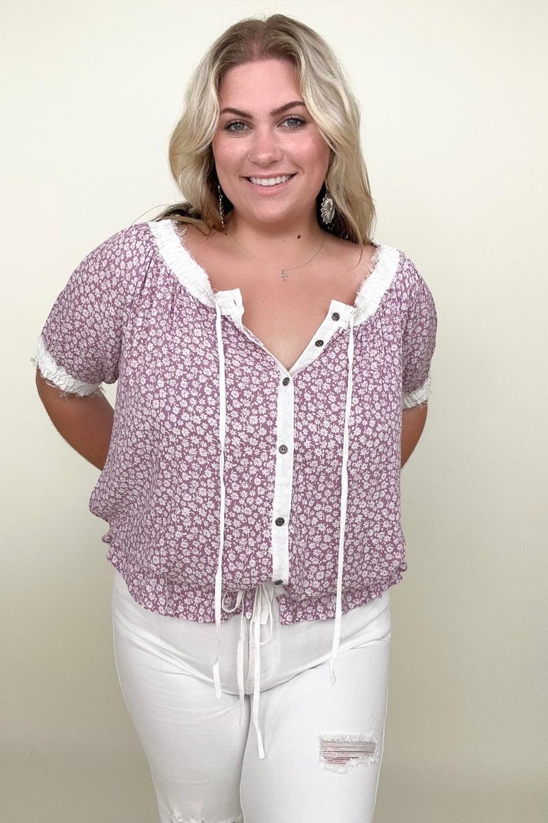 Convertible Ditsy Floral Button Down Blouse