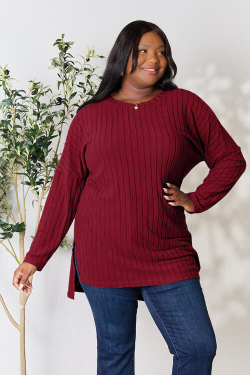 Richly Ribbed Round Neck Long Sleeve Top