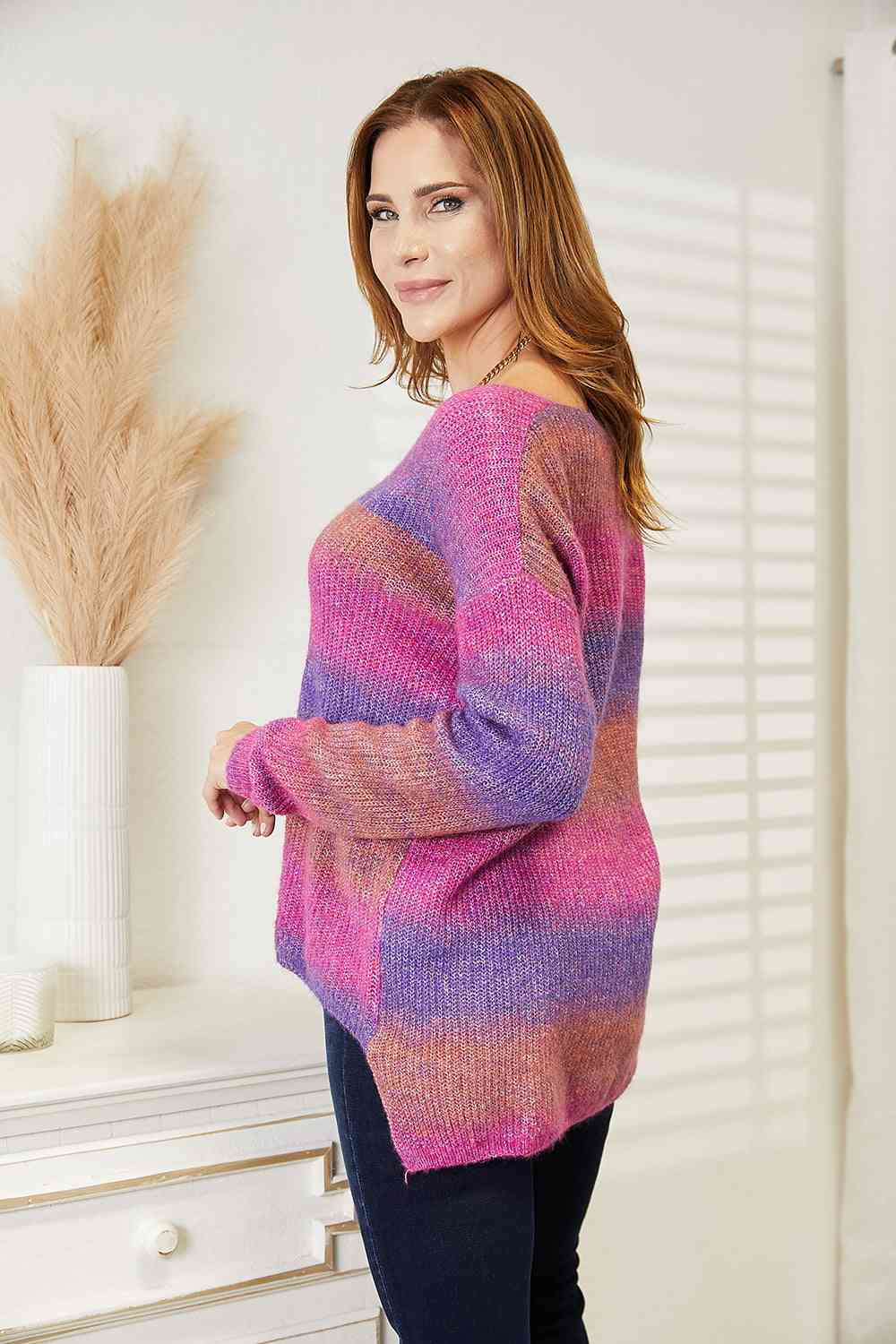 Multicolored Rib-Knit V-Neck Sweater