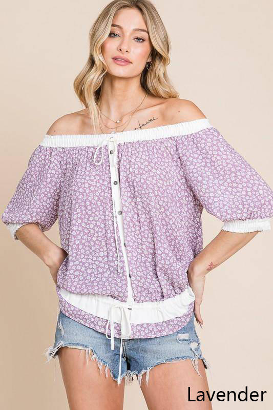 Convertible Ditsy Floral Button Down Blouse