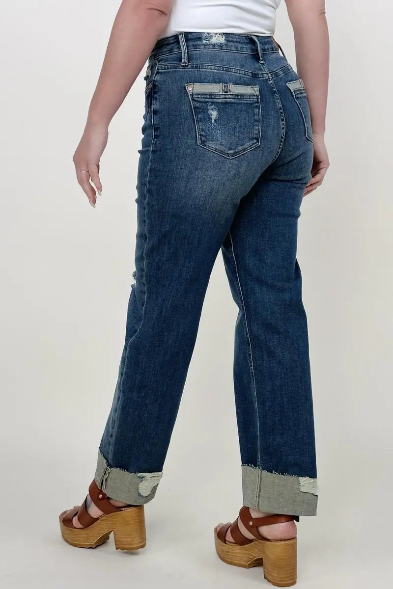 Judy Blue Mid-Rise Destroy & Single Cuff Dad Jean Straight Jeans Kiwidrop